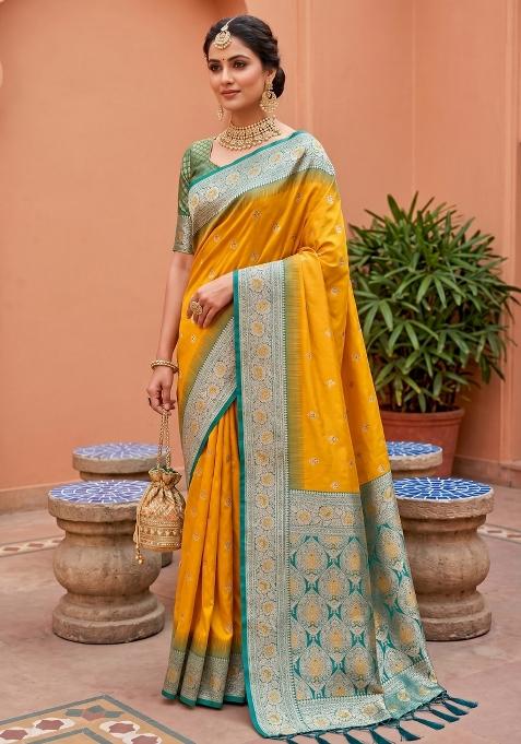 Yellow Zari Work Banarasi Saree Set