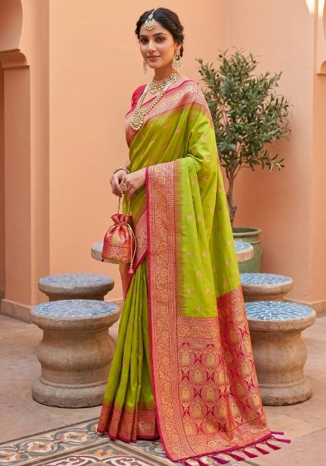 Parrot Green Zari Work Banarasi Saree Set