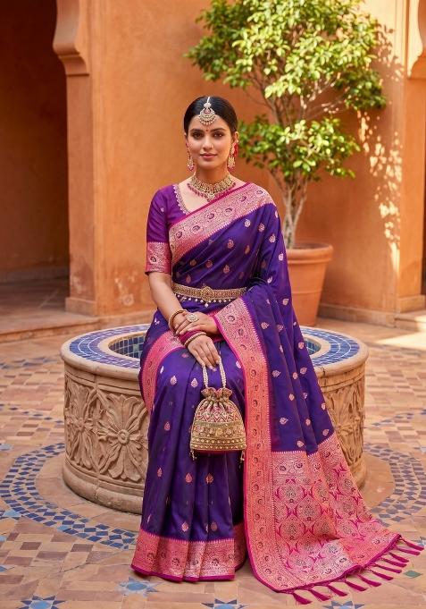 Violet Zari Work Banarasi Saree Set