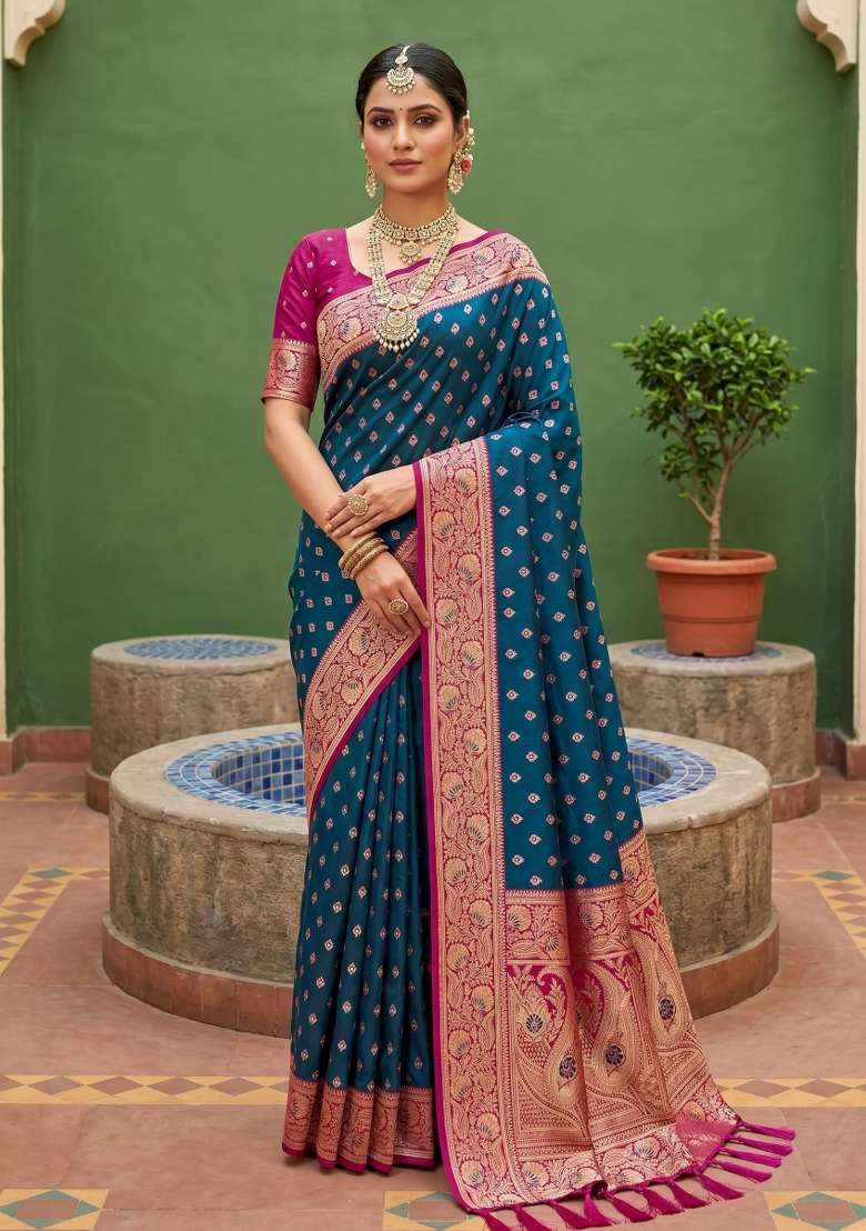 Teal Banarasi Saree Set with Zari Work for Diwali | Wedding & Festive Wear - Indya
