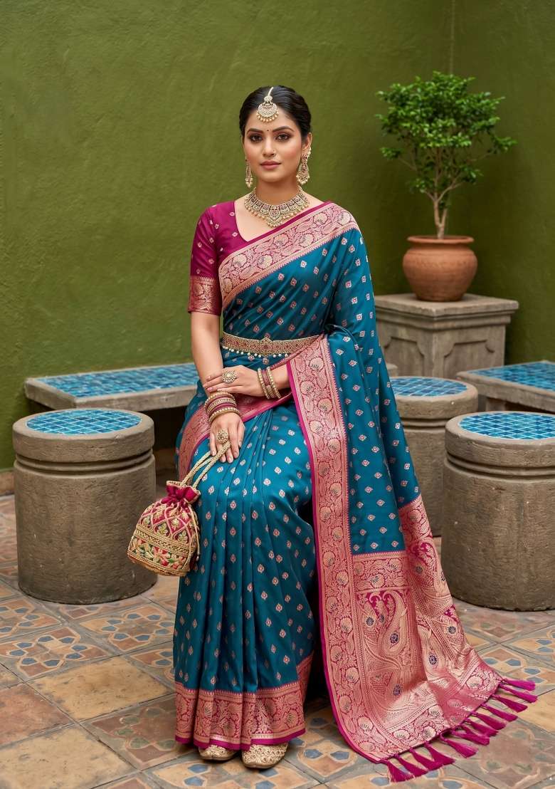 Teal Banarasi Saree Set with Zari Work for Diwali | Wedding & Festive Wear - Indya