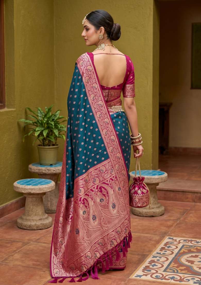 Teal Banarasi Saree Set with Zari Work for Diwali | Wedding & Festive Wear - Indya
