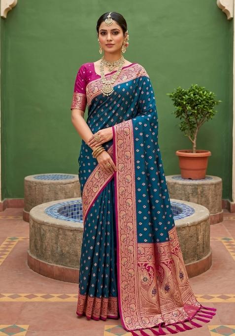 Teal Zari Work Banarasi Saree Set