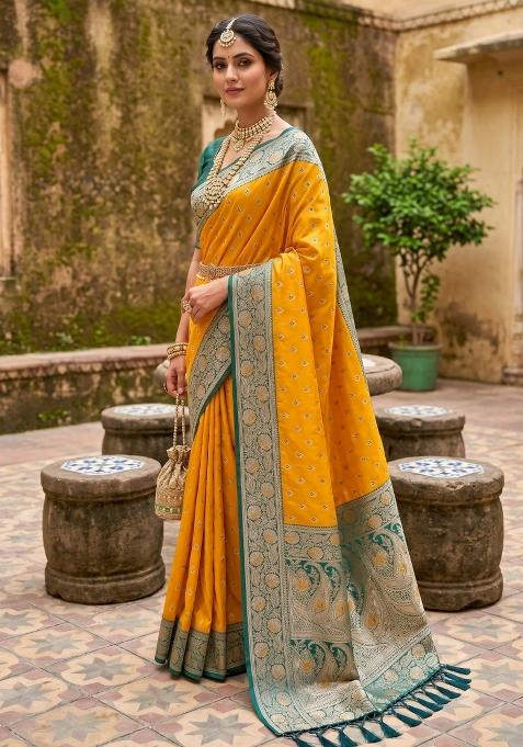 Yellow Zari Work Banarasi Saree Set