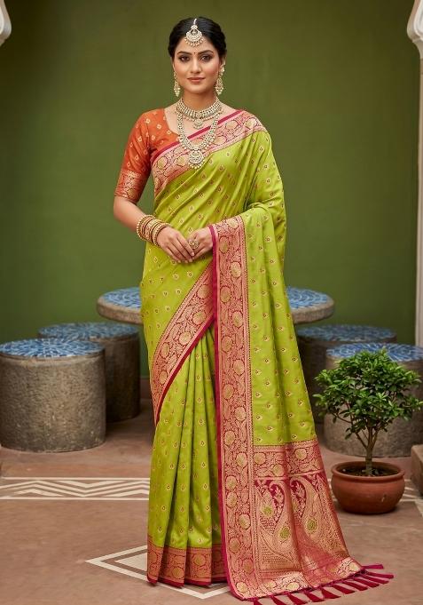 Parrot Green Zari Work Banarasi Saree Set