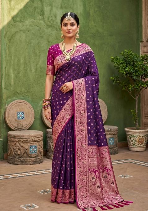 Wine Zari Work Banarasi Saree Set
