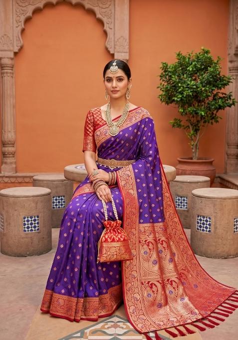 Violet Zari Work Banarasi Saree Set