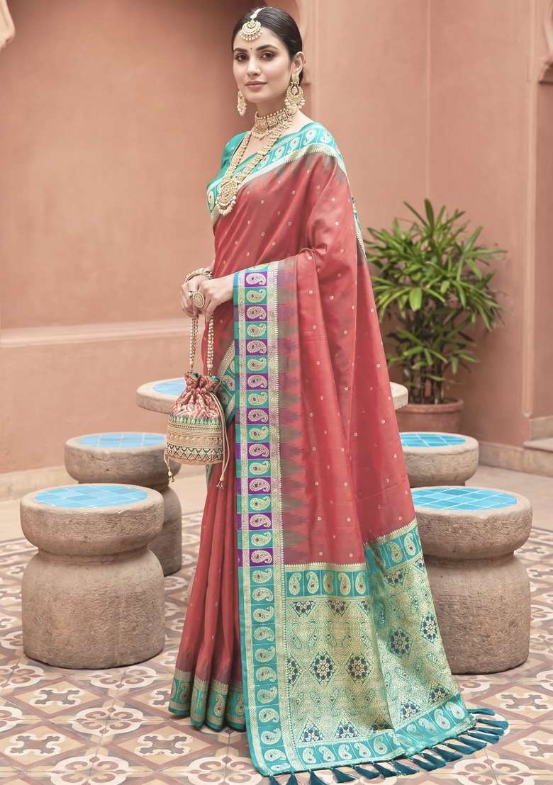 Pink Zari Work Banarasi Saree Set for Diwali and Festive Wear - Indya
