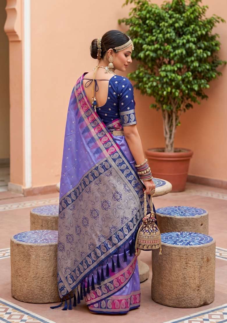 Lavender Banarasi Saree Set with Zari Work for Diwali | Wedding & Festive Wear - Indya