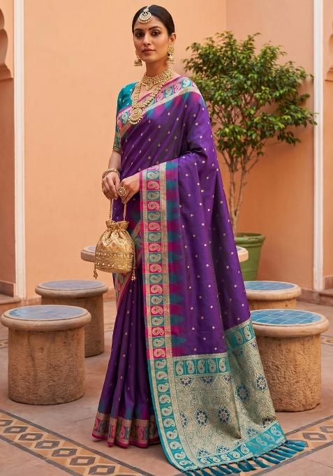 Magenta Zari Work Banarasi Saree Set