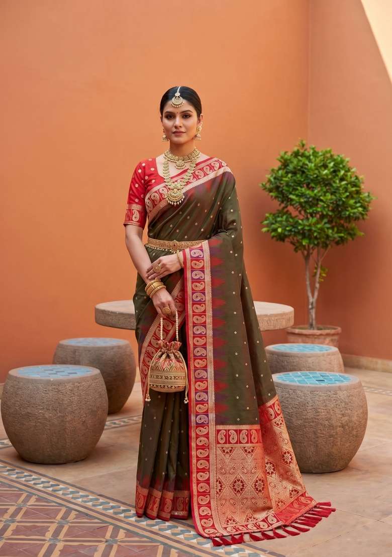 Olive Banarasi Saree Set with Zari Work for Diwali | Wedding & Festive Wear - Indya