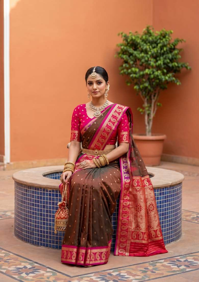 Olive Banarasi Saree Set with Zari Work for Diwali | Wedding & Festive Wear - Indya