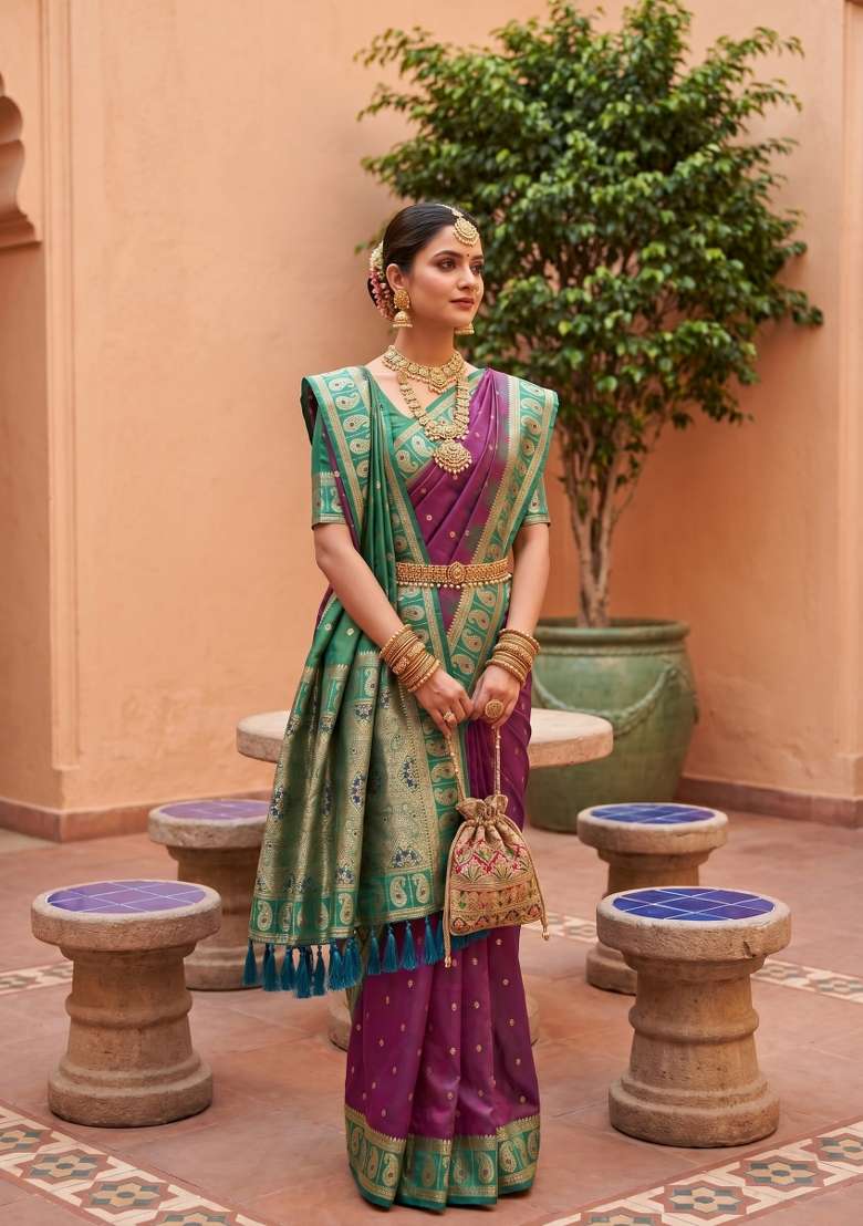 Onion Pink Zari Work Banarasi Saree Set for Diwali and Festive Wear - Indya