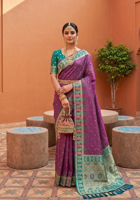 Onion Pink Zari Work Banarasi Saree Set