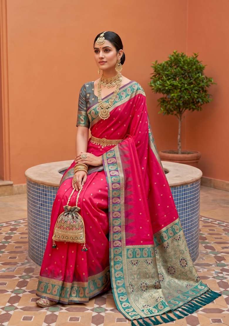 Pink Zari Work Banarasi Saree Set for Diwali and Festive Wear - Indya