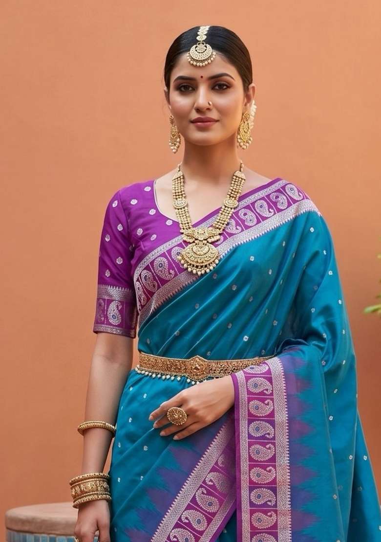 Teal Banarasi Saree Set with Zari Work for Diwali | Wedding & Festive Wear - Indya