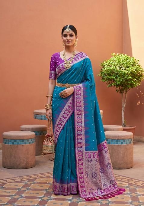 Teal Zari Work Banarasi Saree Set