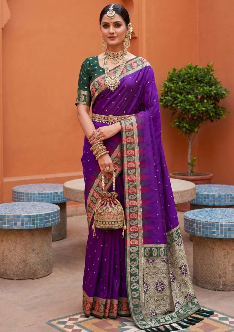 Violet Banarasi Saree Set with Zari Work for Diwali | Wedding & Festive Wear - Indya