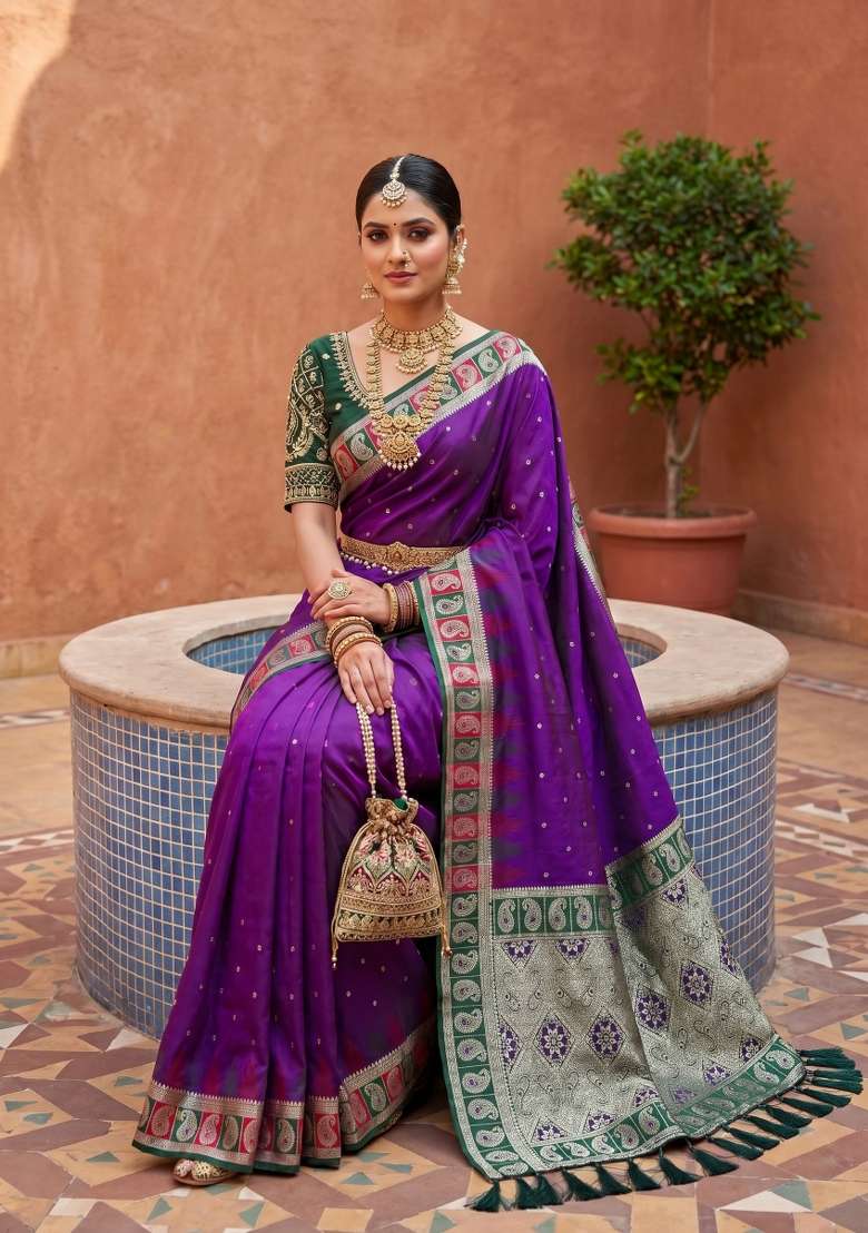 Violet Banarasi Saree Set with Zari Work for Diwali | Wedding & Festive Wear - Indya