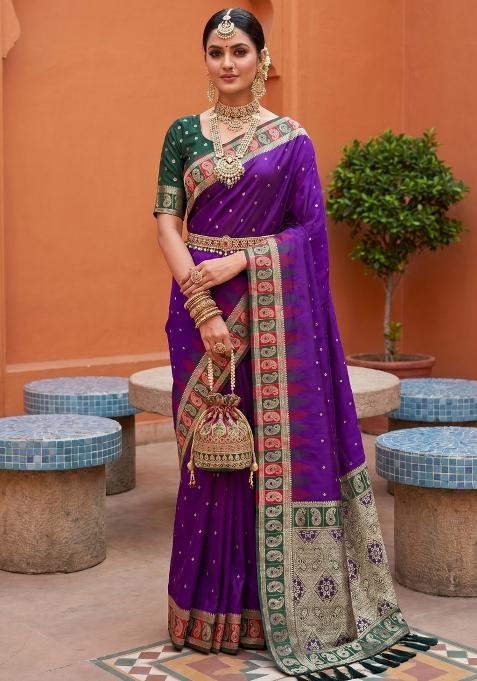 Violet Zari Work Banarasi Saree Set
