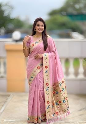 Baby Pink Zari Work Banarasi Saree Set