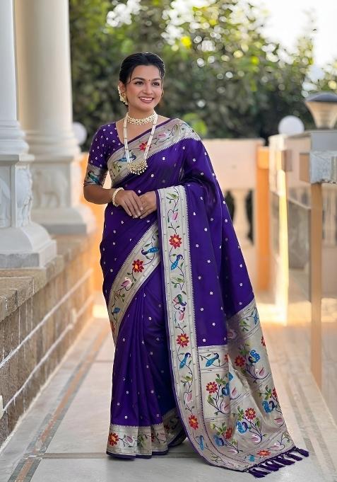 Violet Zari Work Banarasi Saree Set