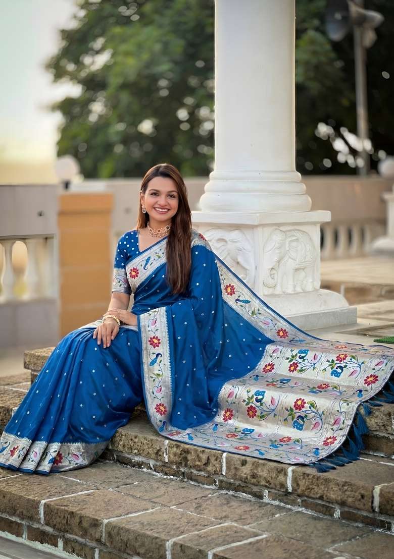 Teal Banarasi Saree Set with Zari Work for Diwali | Wedding & Festive Wear - Indya