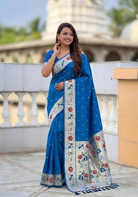 Teal Zari Work Banarasi Saree Set