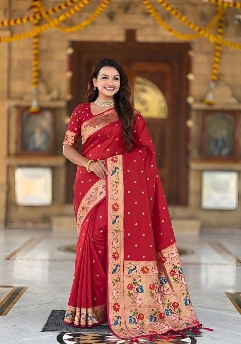 Red Zari Work Banarasi Saree Set