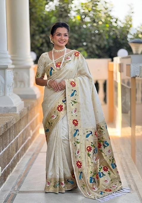 White Zari Work Banarasi Saree Set