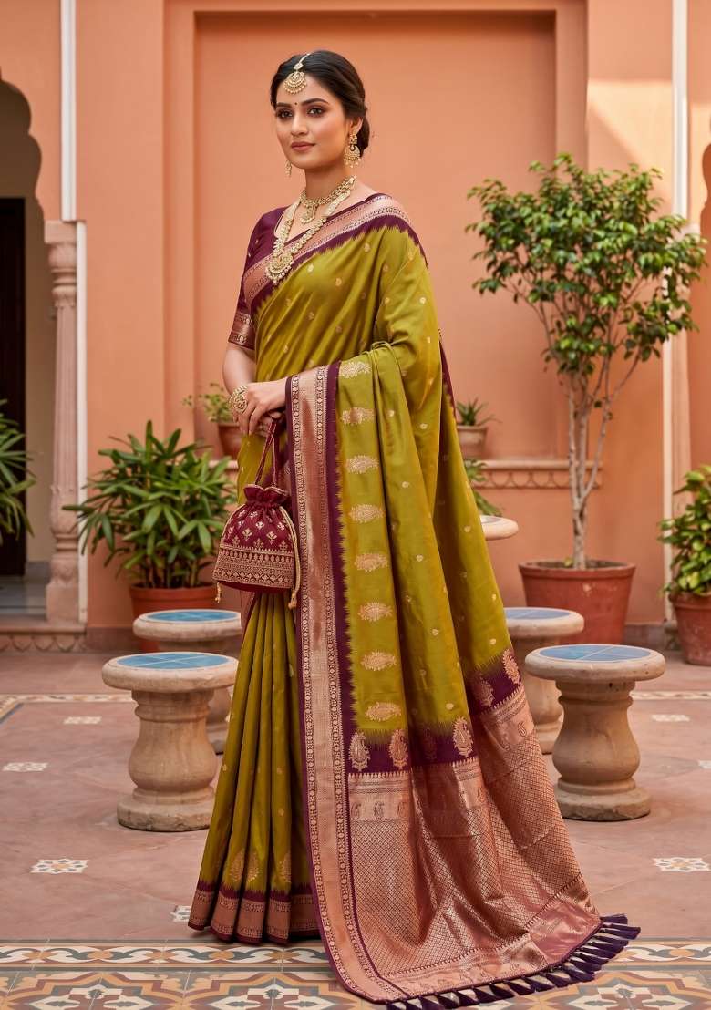 Olive Banarasi Saree Set with Zari Work for Diwali | Wedding & Festive Wear - Indya