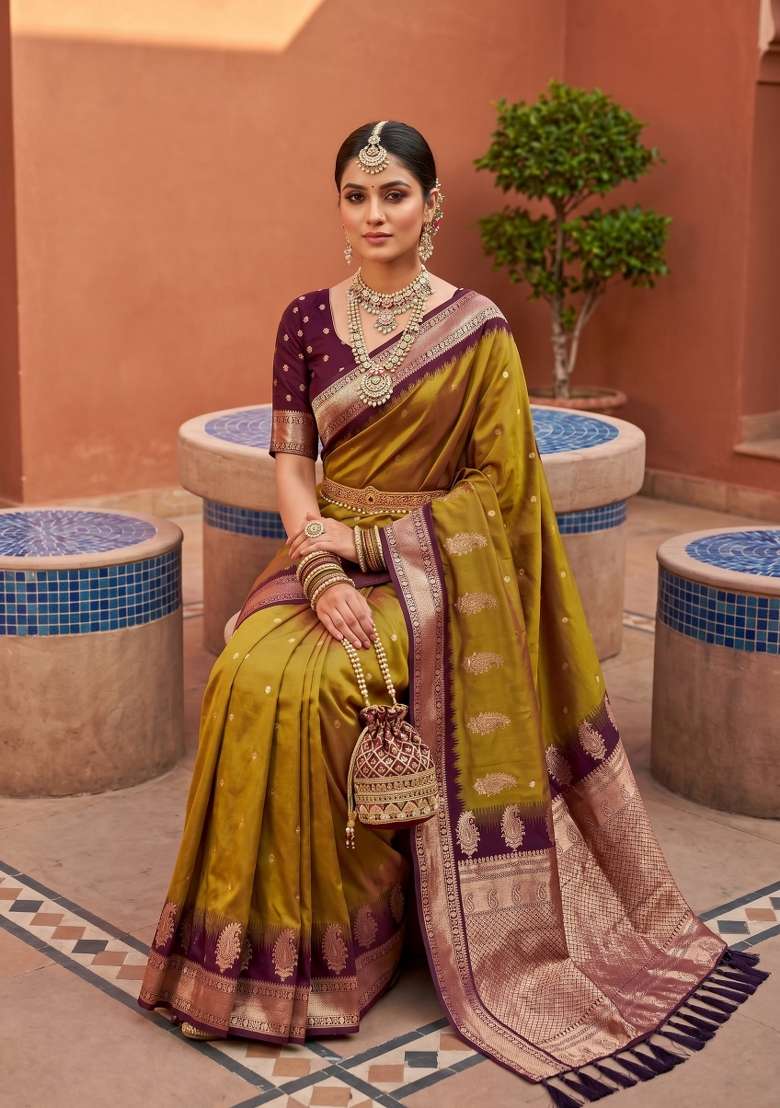 Olive Banarasi Saree Set with Zari Work for Diwali | Wedding & Festive Wear - Indya