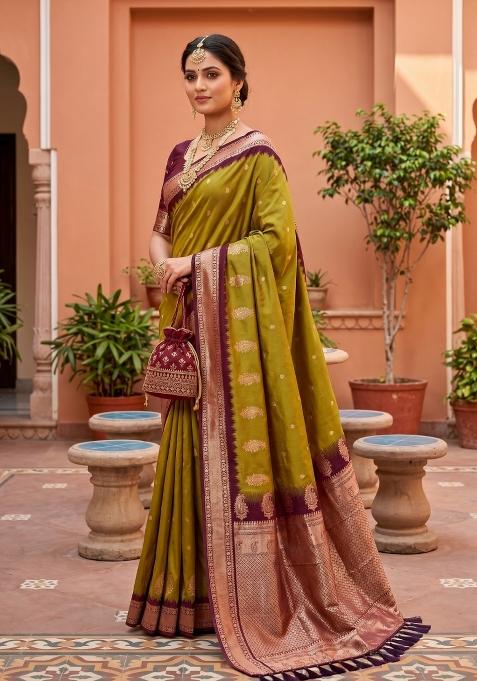 Olive Zari Work Banarasi Saree Set