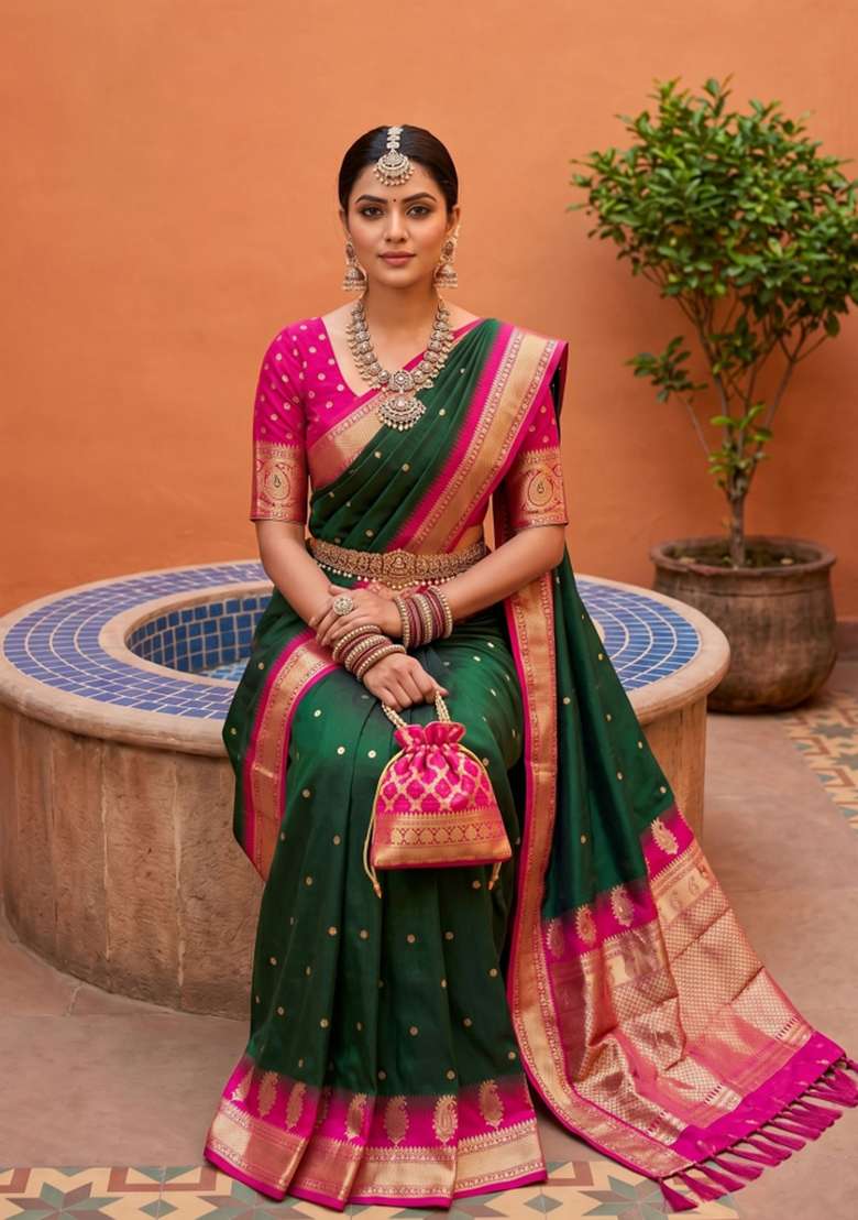 Green Banarasi Saree Set with Zari Work for Diwali | Wedding & Festive Wear - Indya