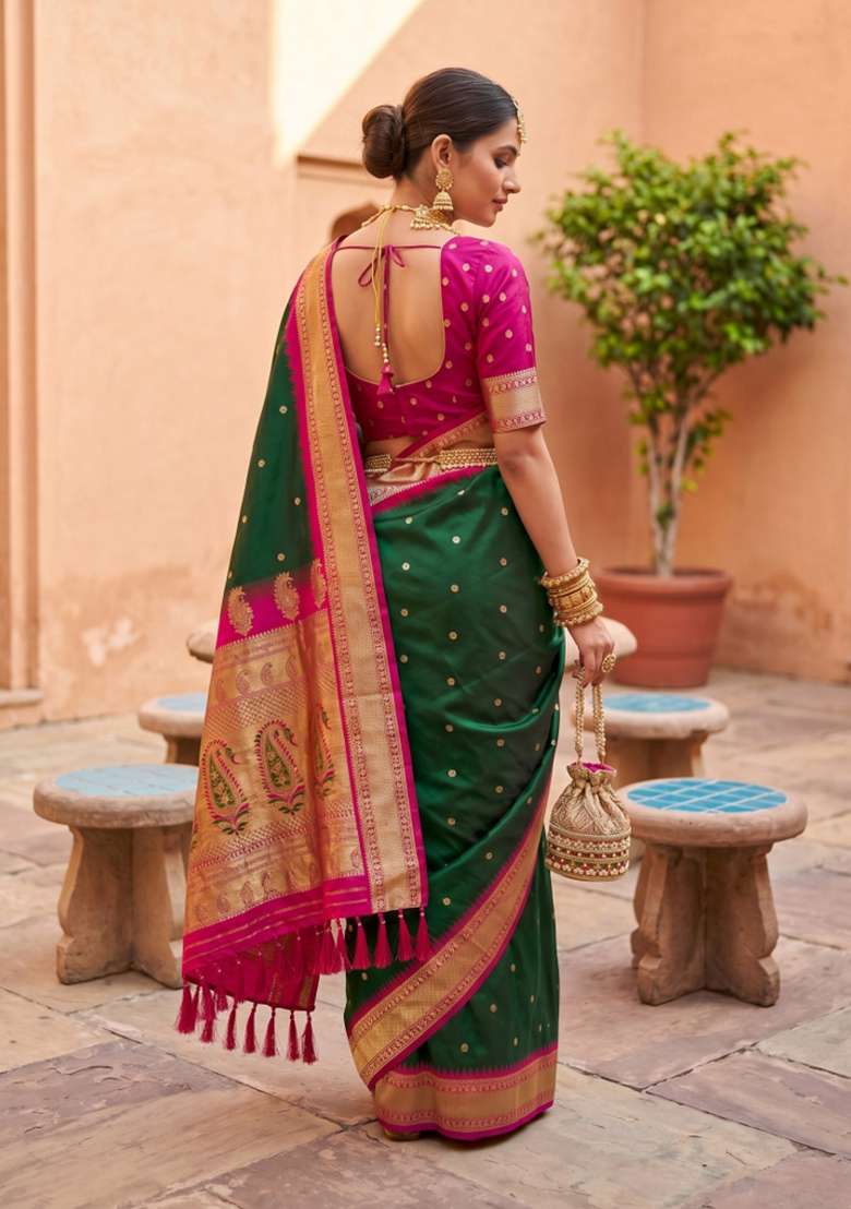 Green Banarasi Saree Set with Zari Work for Diwali | Wedding & Festive Wear - Indya