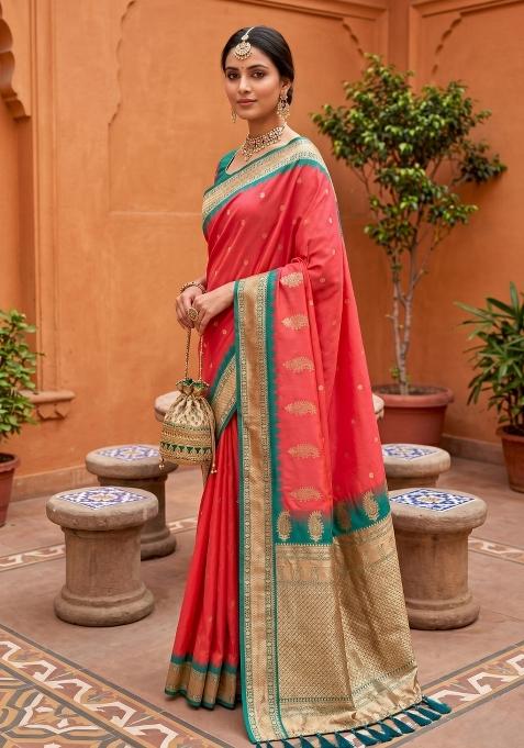 Peach Zari Work Banarasi Saree Set