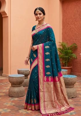 Teal Zari Work Banarasi Saree Set
