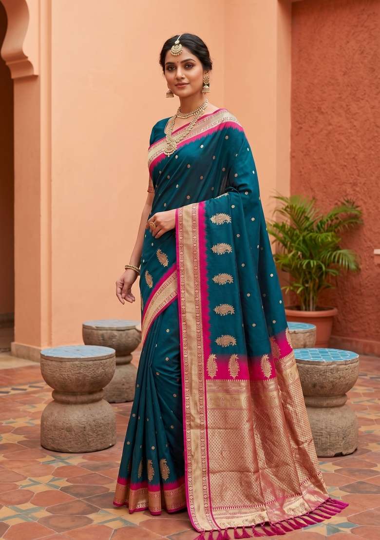 Teal Zari Work Banarasi Saree Set for Diwali and Festive Wear - Indya