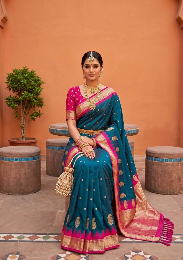 Teal Zari Work Banarasi Saree Set for Diwali and Festive Wear - Indya