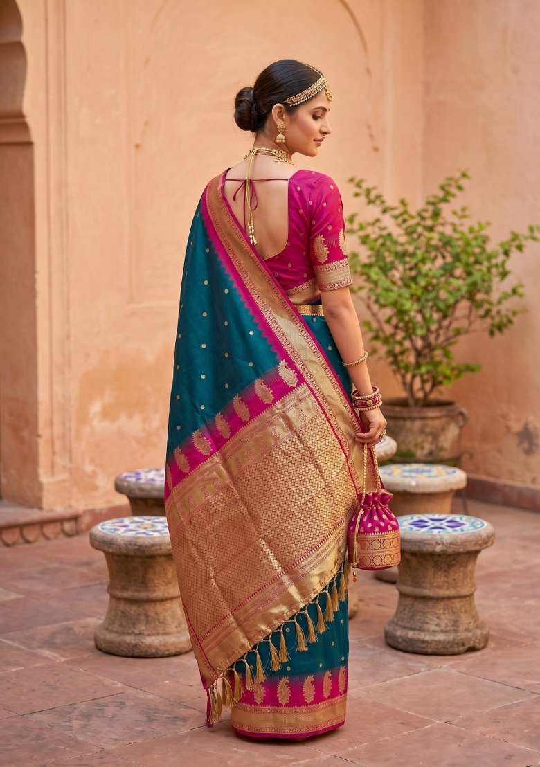 Teal Zari Work Banarasi Saree Set for Diwali and Festive Wear - Indya