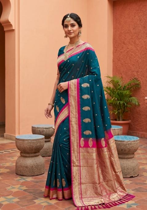 Teal Zari Work Banarasi Saree Set