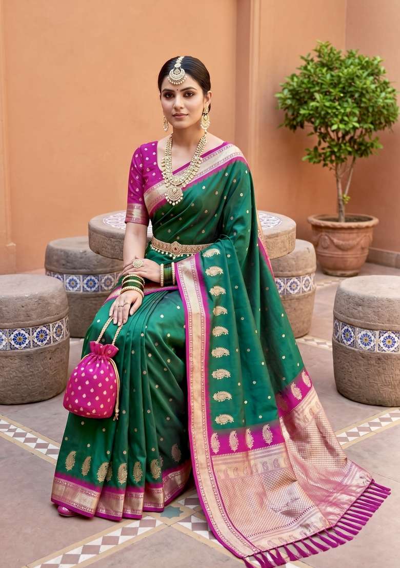 Sea Green Zari Work Banarasi Saree Set for Diwali and Festive Wear - Indya