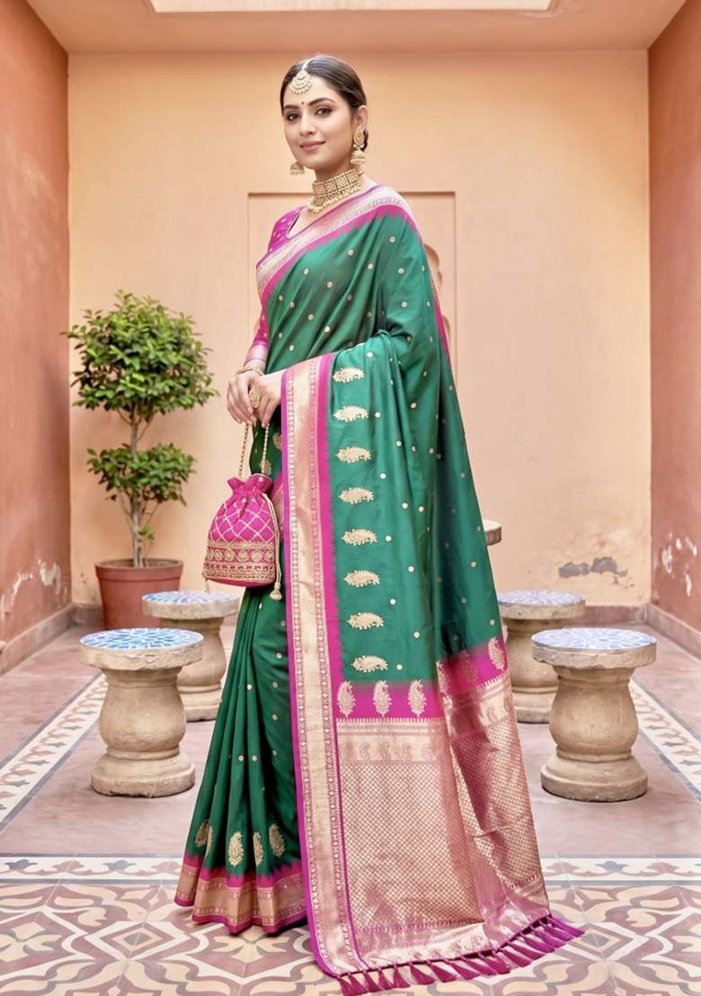Sea Green Zari Work Banarasi Saree Set for Diwali and Festive Wear - Indya
