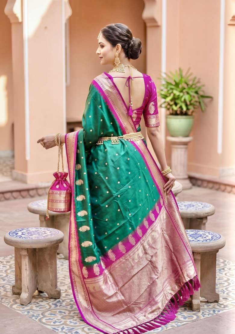 Sea Green Zari Work Banarasi Saree Set for Diwali and Festive Wear - Indya