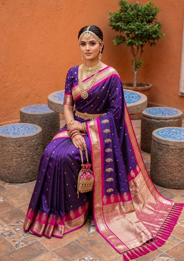 Violet Banarasi Saree Set with Zari Work for Diwali | Wedding & Festive Wear - Indya