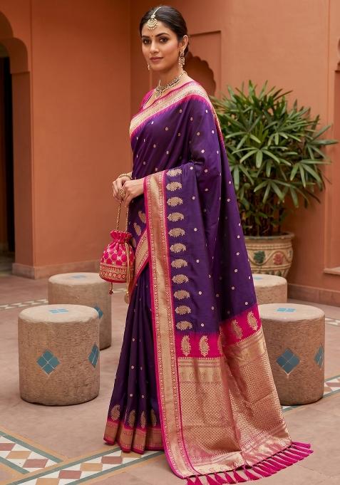 Violet Zari Work Banarasi Saree Set