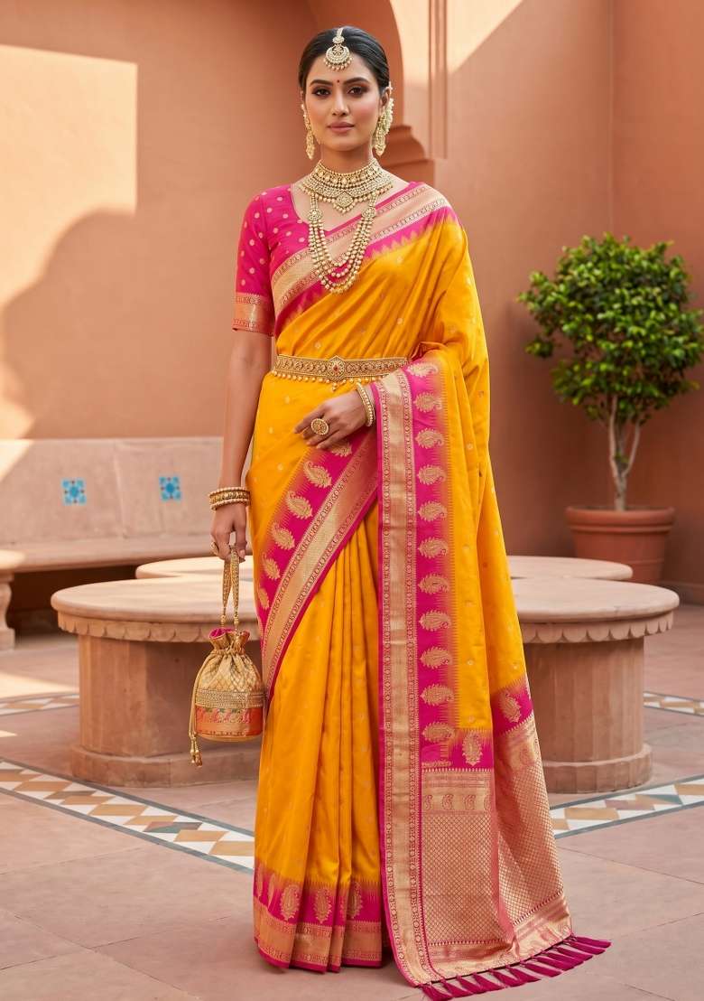 Yellow Banarasi Saree Set with Zari Work for Diwali | Wedding & Festive Wear - Indya