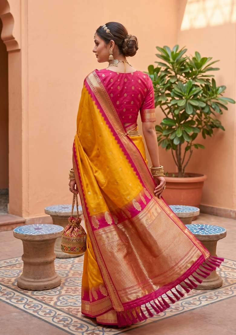 Yellow Banarasi Saree Set with Zari Work for Diwali | Wedding & Festive Wear - Indya