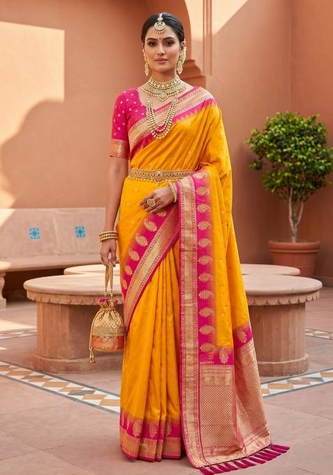 Yellow Zari Work Banarasi Saree Set