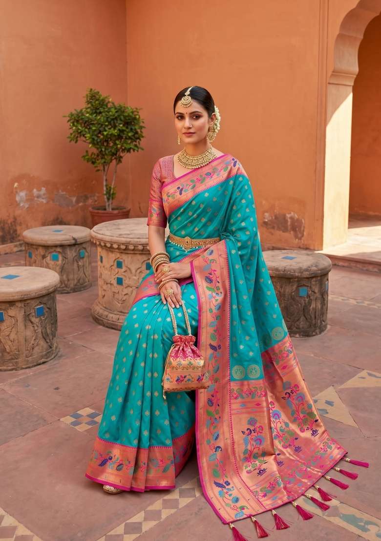 Sky Blue Zari Work Banarasi Saree Set for Diwali and Festive Wear - Indya